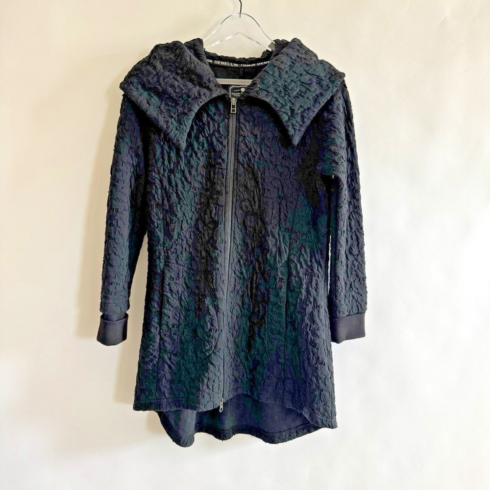 Tonia Debellis Womens Jacket Black Full Zip Hooded Textured Sm Dramatic Collar